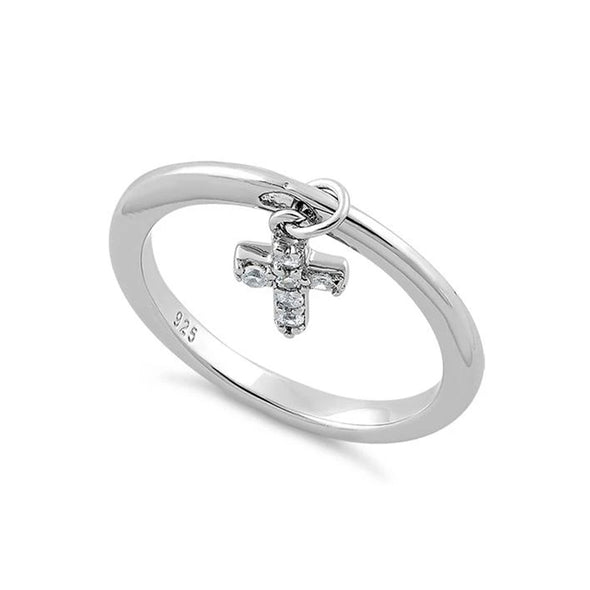 White Cubic Zirconia Christian Cross Charm Ring