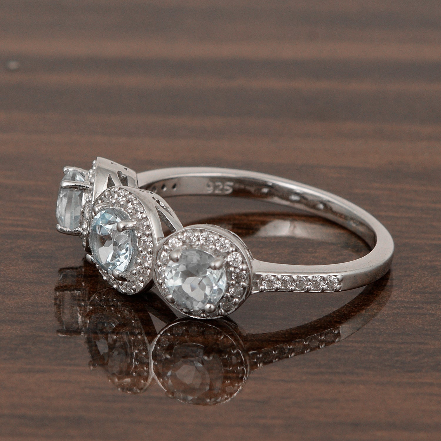 Aquamarine Triple Halo Design Ring – Sterling Silver