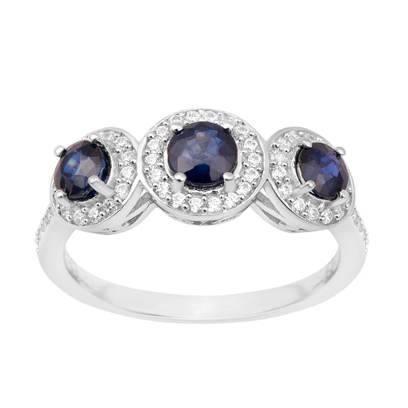 Sterling Silver Round 1.05 Ctw Blue Sapphire Gemstone 3-Stone Engagement Ring