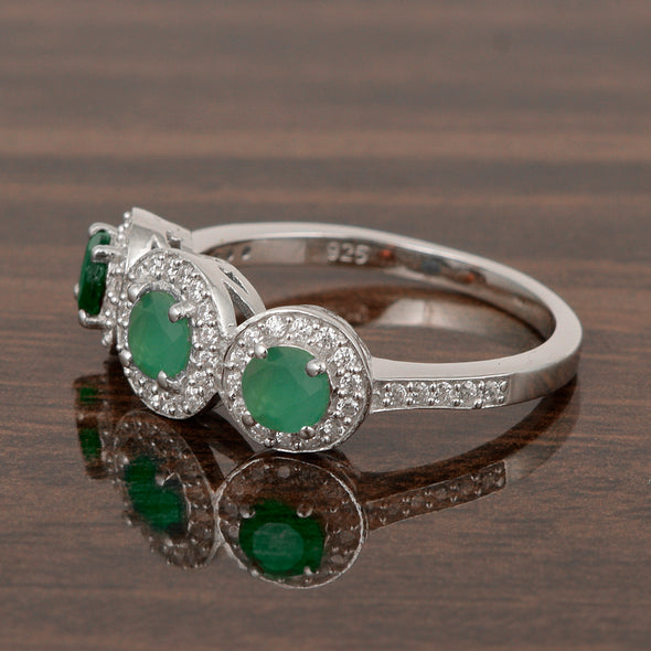Sterling Silver Round 1.05 Ctw Emerald Gemstone 3-Stone Engagement Ring