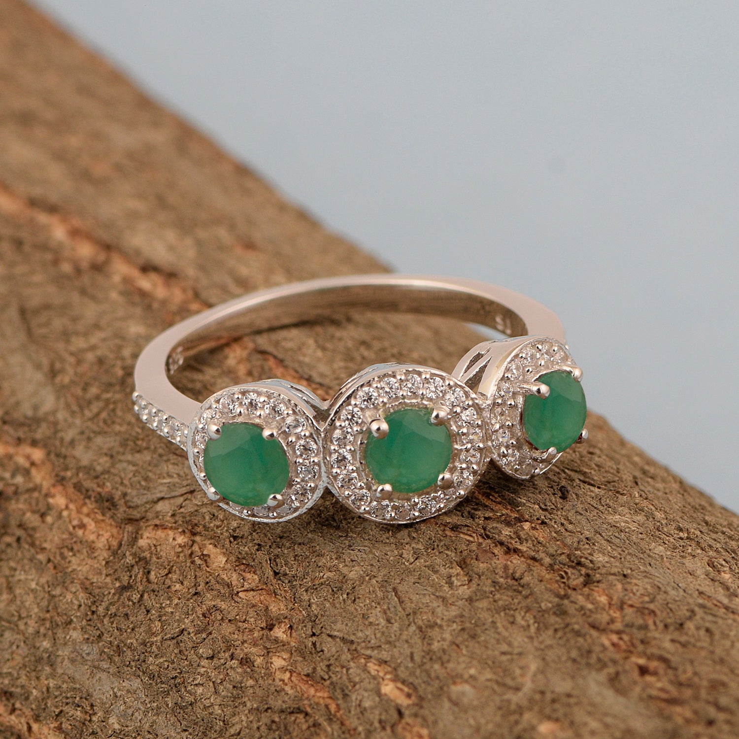 Emerald Triple Halo Design Ring – Sterling Silver