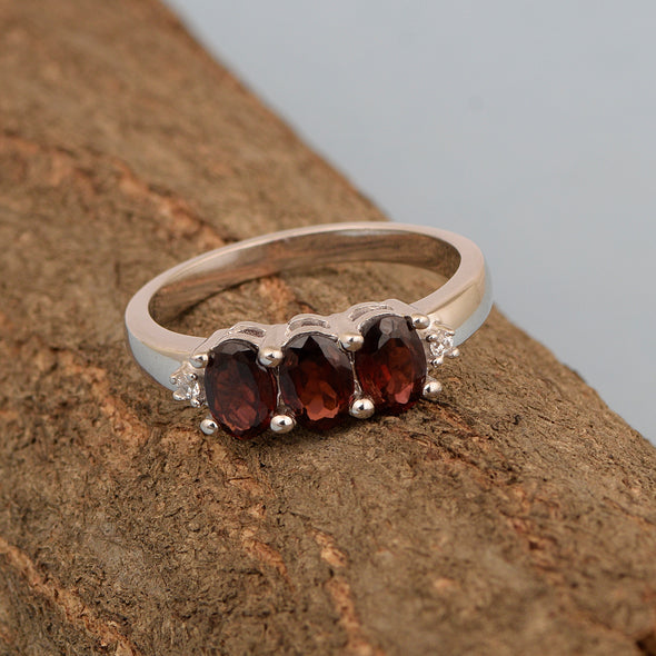 925 Sterling Silver 3-Stone Red Garnet Past, Present and Future Birthstones Rings