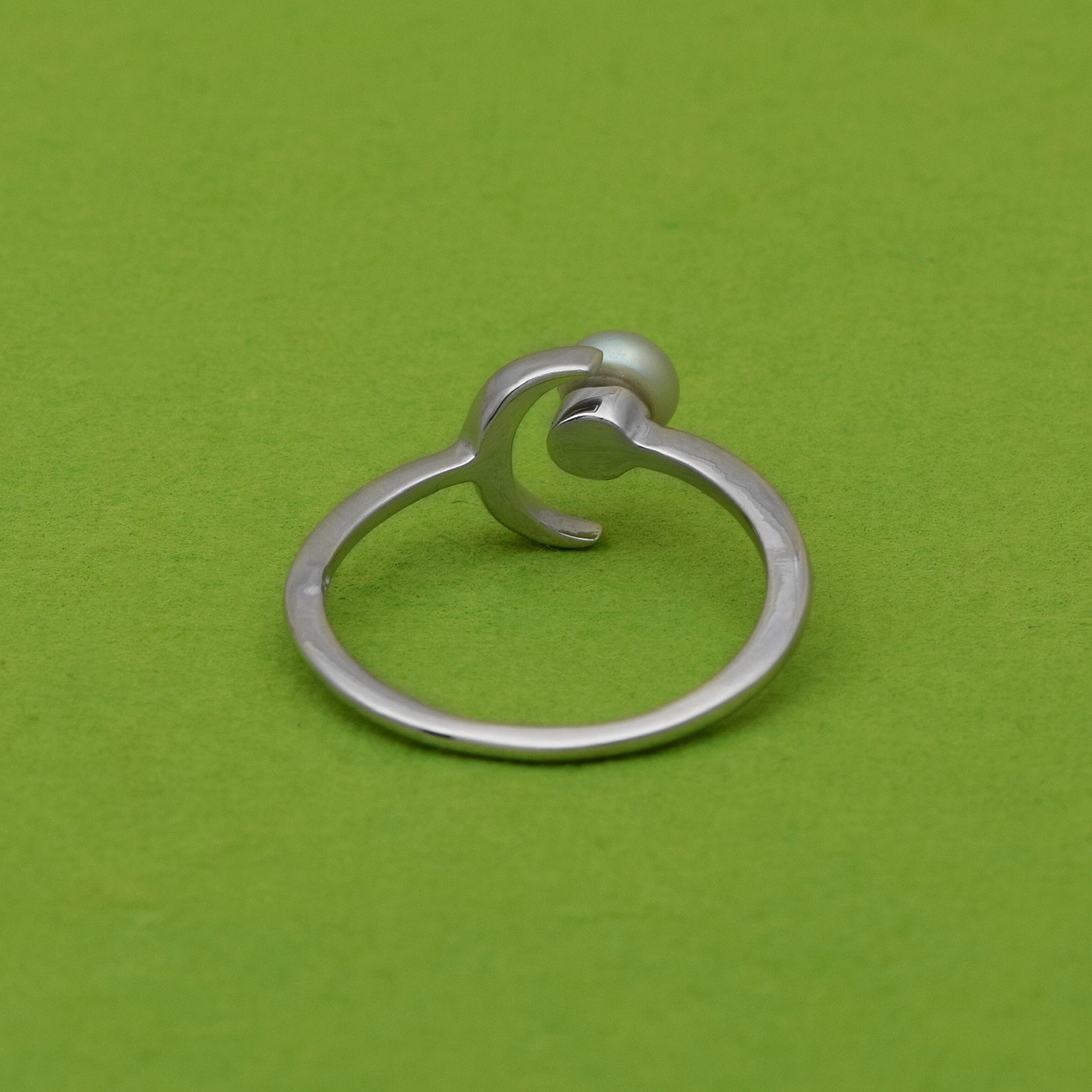 Crescent Moon and Pearl Open Ring - Sterling Silver