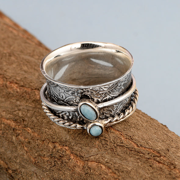 925 Sterling Silver Spinner Larimar Dual Band Oxidized Ring