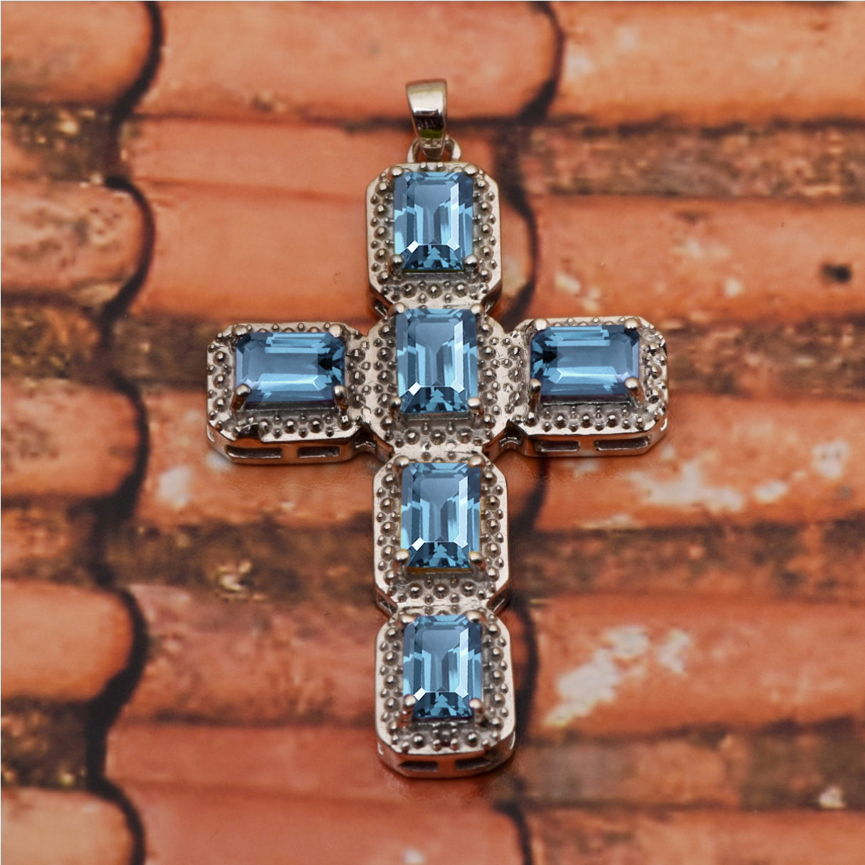 Multi Stone Rectangular Cross Pendant -Sterling Silver