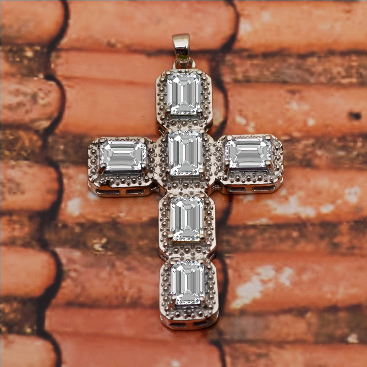 Multi Stone Rectangular Cross Pendant -Sterling Silver