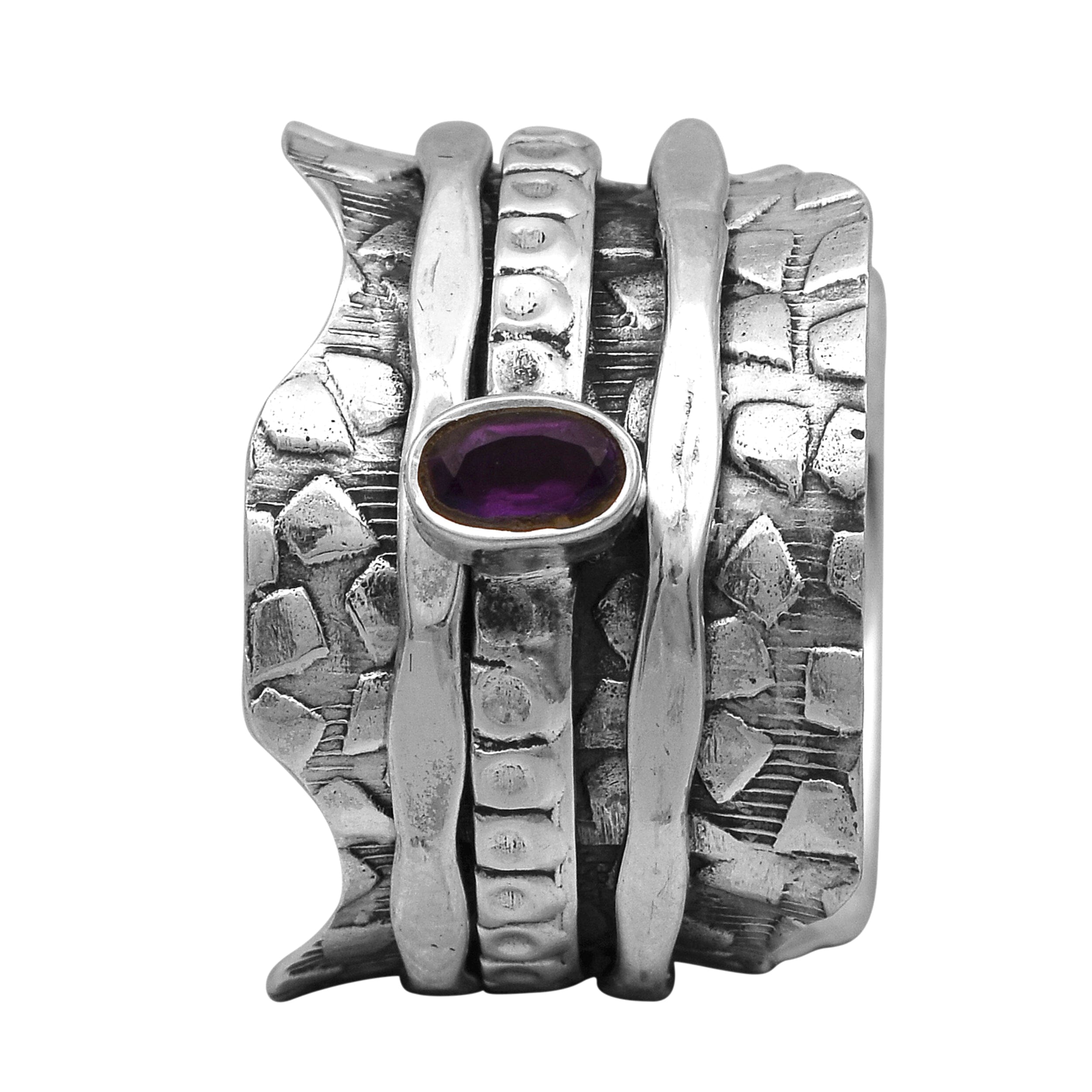 Amethyst Sculpted Edges & Textured Spinner Ring - Sterling Silver Rings SHINE JEWEL 4 