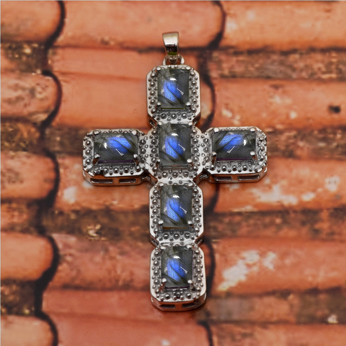 Multi Stone Rectangular Cross Pendant -Sterling Silver