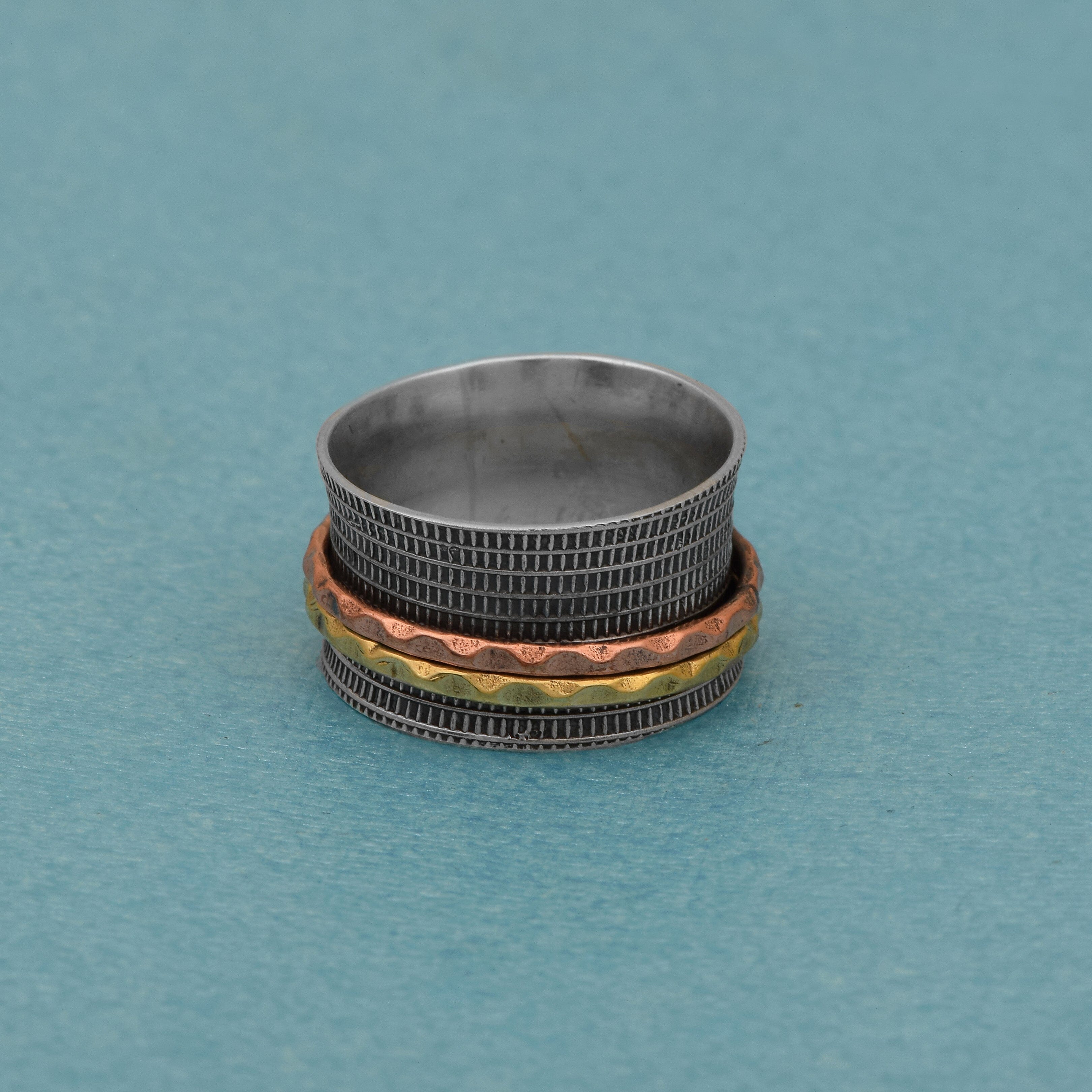Linear Texture Band with Dual Tone Spinner Ring - Sterling Silver Rings SHINE JEWEL 